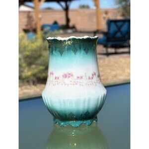 4.5" Antique Carl Tielsch C.T. Vase White & Teal w/ Gold accent & Pink Flowers